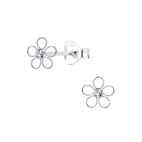 Silver Flower Crystal Stud Earrings - Wholesale - 8209