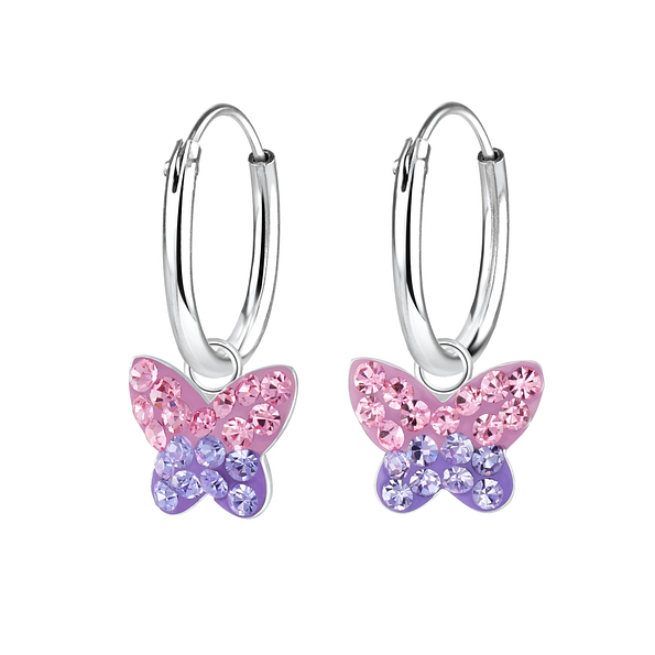 Silver Butterfly Crystal Charm Hoop Earrings - Wholesale - 8262