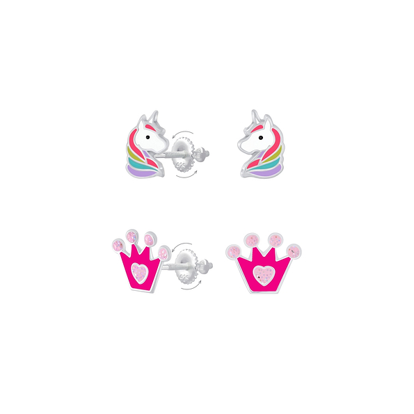 Silver Unicorn and Crown Screw Back Earrings Set - Wholesale - 8387
