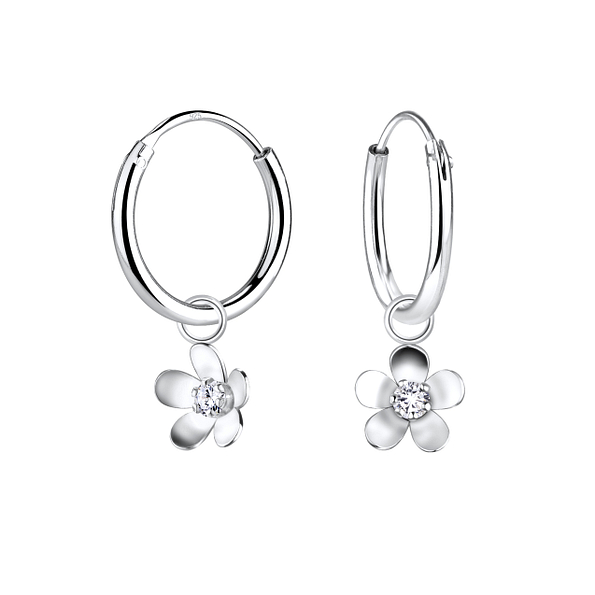 Silver Flower Charm Hoop Earrings - Wholesale - 8481
