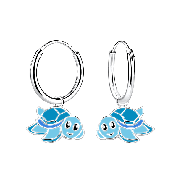 Silver Turtle Charm Hoop Earrings - Wholesale - 12899