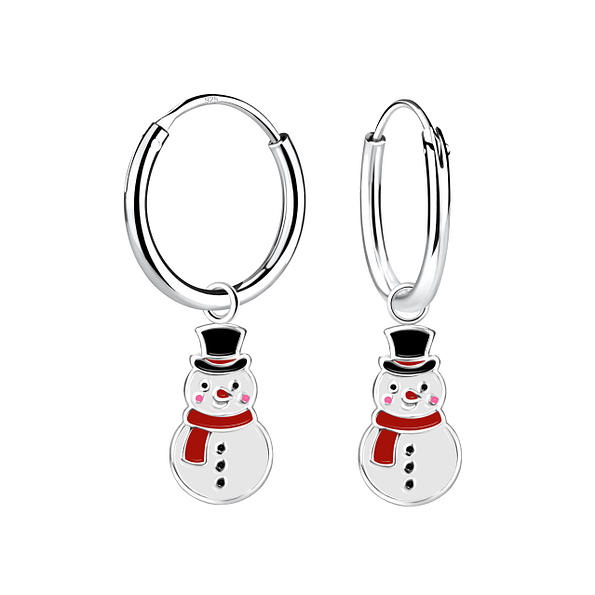 Silver Snowman Charm Hoop Earrings - Wholesale - 13863