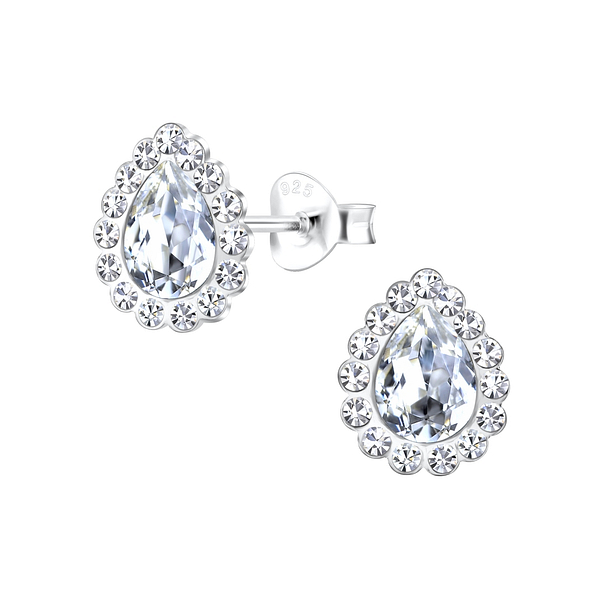 Silver Tear Drop Crystal Stud Earrings - Wholesale - 16929