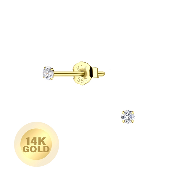 14K Solid Gold – 2mm Round Cubic Zirconia Stud Earrings - Wholesale - 17858