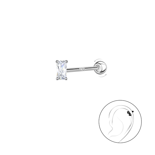 Silver Baguette Cartilage Stud with Silver Ball Screw Back - Wholesale - 20436