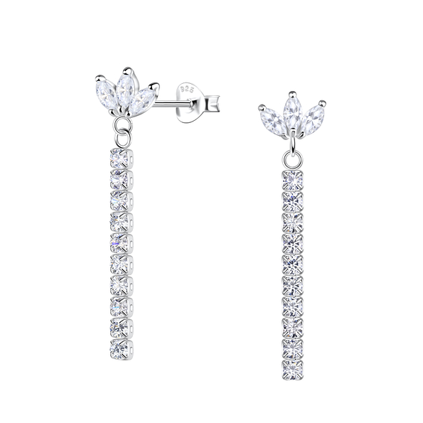 Silver Flower Stud Earrings with Hanging Tennis Chain - Wholesale - 20533