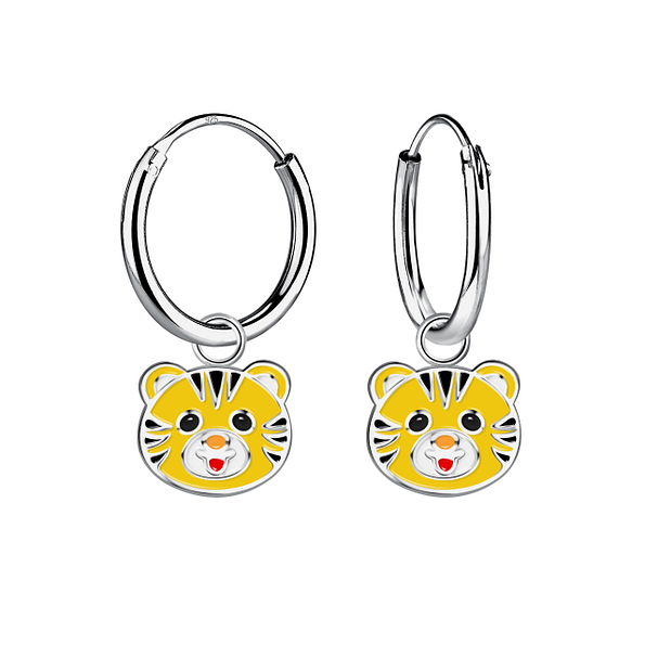 Silver Tiger Charm Hoop Earrings - Wholesale - 20846