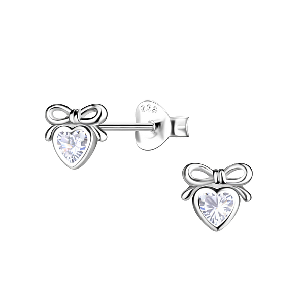 Silver Bow Heart Stud Earrings - Wholesale - 21291