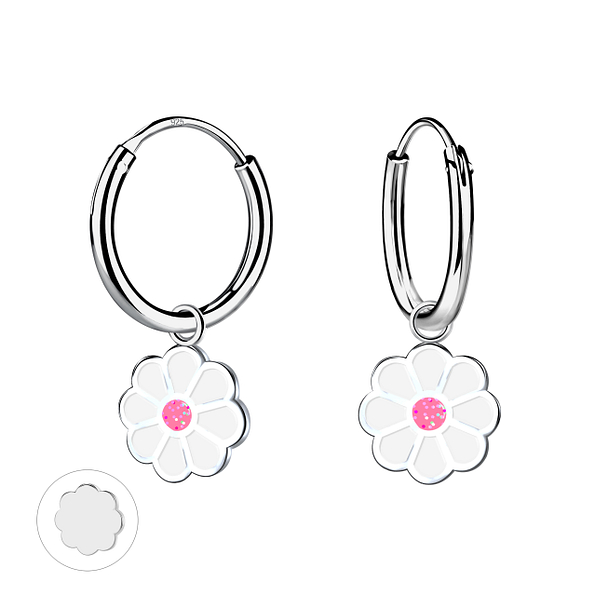 Silver Flower Charm Hoop Earrings - Wholesale - 21622