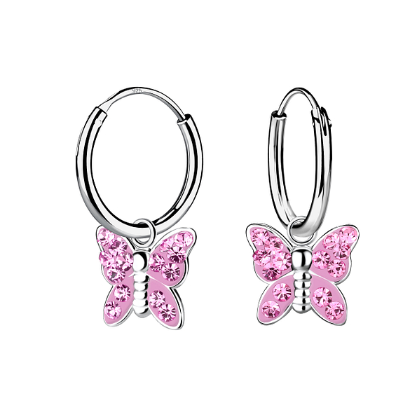 Silver Butterfly Crystal Charm Hoop Earrings - Wholesale - 21621
