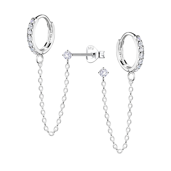 12mm Silver Huggie with 2mm Round Cubic Zirconia Stud Earrings - Wholesale - 21838