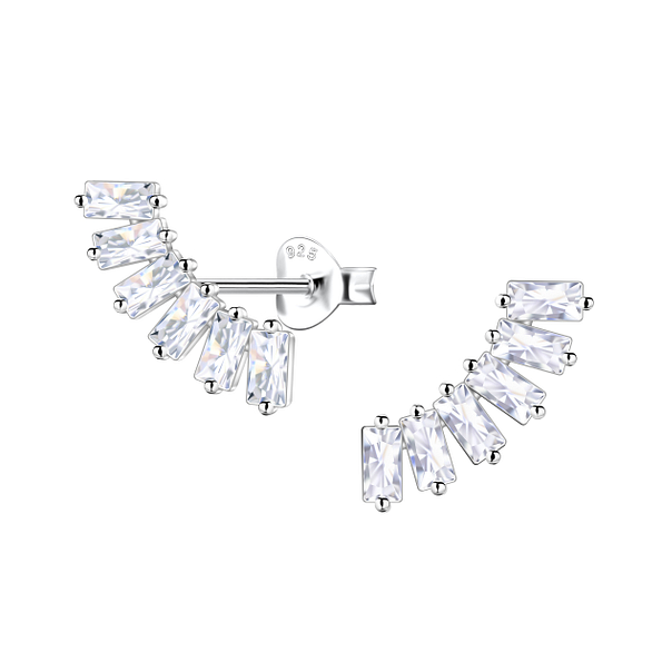 Silver Baguette Curved Stud Earrings  - Wholesale - 22433