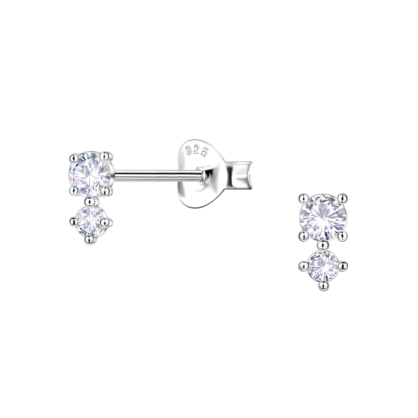 Silver Double Stones Stud Earrings  - Wholesale - 22435