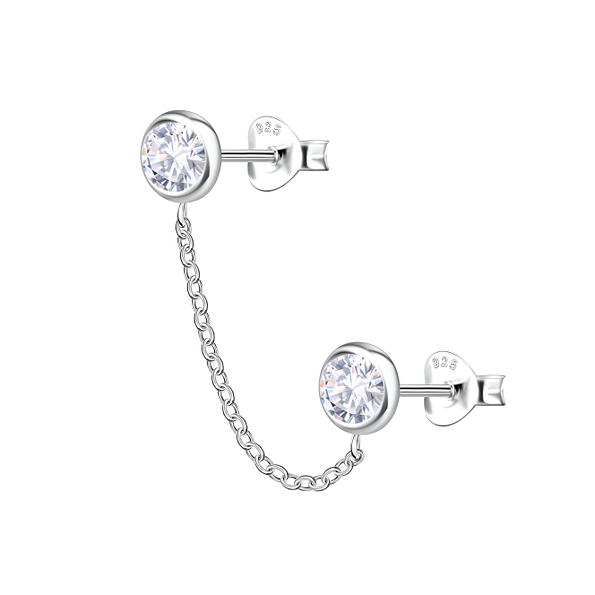 Silver Round Double Stud Earrings with Chain - Wholesale - 22467