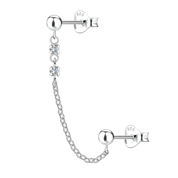 Silver Ball Double Stud Earrings with Chain - Wholesale - 22475