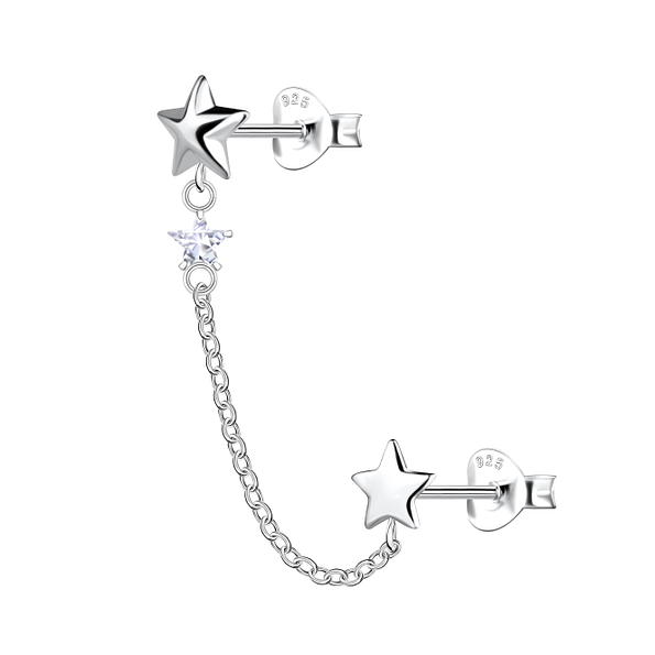 Silver Star Double Stud Earrings with Chain - Wholesale - 22479