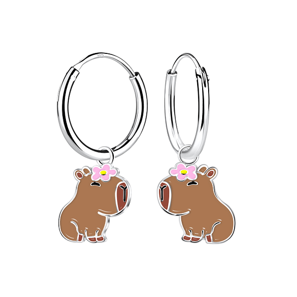 Silver Capybara Charm Hoop Earrings - Wholesale - 22978