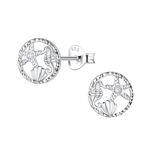 Silver Starfish Seahorse and Shell Stud Earrings - Wholesale - 23276