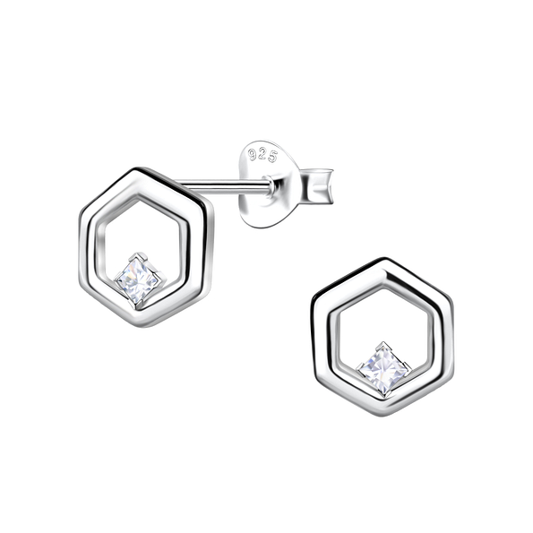 Silver Hexagon Stud Earrings - Wholesale - 24086