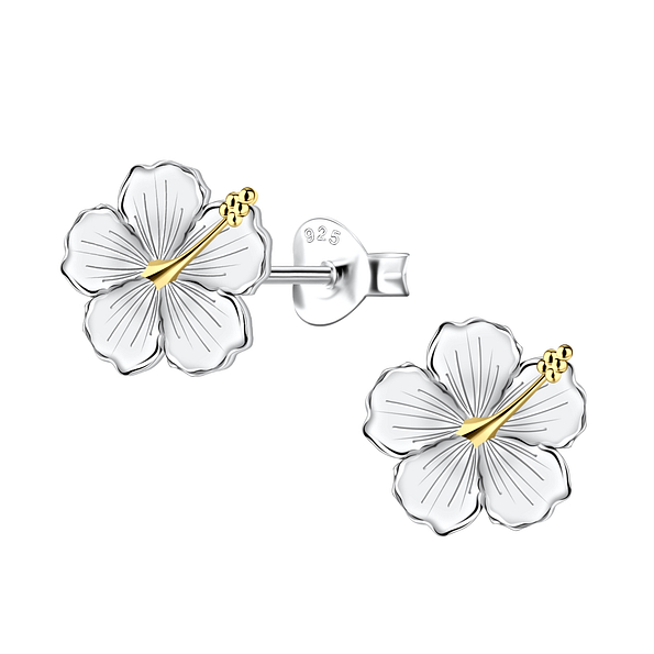 Silver Hibiscus Flower Stud Earrings - Wholesale - 24358