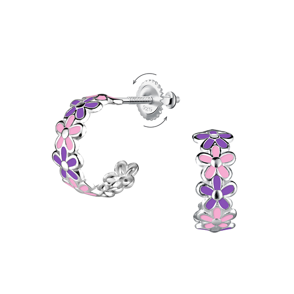 Silver Flower Half Hoop Screw Back Earrings - Wholesale - 24030