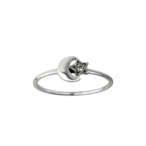 Silver Moon and Star Crystal Ring - Wholesale - 26086