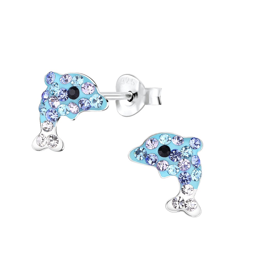 925 Silver Jewelry | Silver Dolphin Crystal Stud Earrings - 7969