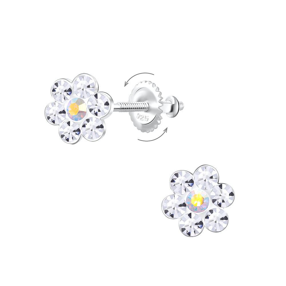 925 Silver Jewelry Silver Flower Crystal Screw Back Earrings 10068