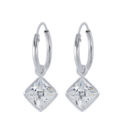 Wholesale 6mm Square Cubic Zirconia Silver Charm Hoop Earrings