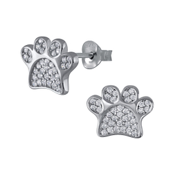 Wholesale Silver Paw Print Cubic Zirconia Stud Earrings