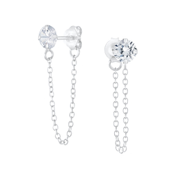 Wholesale 4mm Round Cubic Zirconia Sliver Stud Earrings with Chain