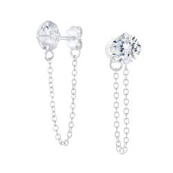 Wholesale 6mm Round Cubic Zirconia Sliver Stud Earrings with Chain