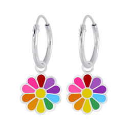 Wholesale Silver Daisy Flower Charm Hoop Earrings