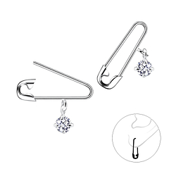Wholesale Silver Safety Pin Hoop Earrings With Cubic Zirconia