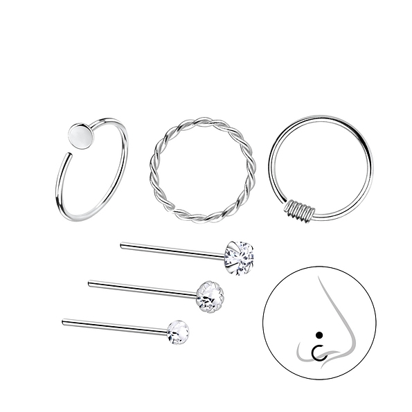 Wholesale Silver Mixed Nose Jewelry Starter Set - 6 Pack