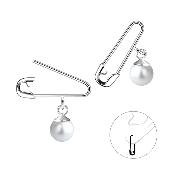 Wholesale Silver Safety Pin Hoop Earrings With Pearl