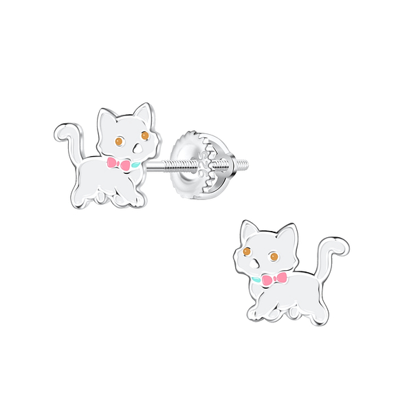 925 Silver Jewelry Silver Cat Screw Back Earrings 16995