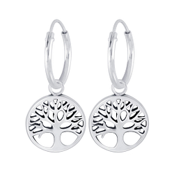 Wholesale Silver Tree of life Charm Hoop Earrings