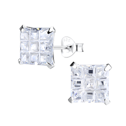 Wholesale 8mm Square Checkerboard Cubic Zirconia Silver Stud Earrings