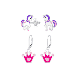 Wholesale Silver Unicorn and Crown Earrings Set