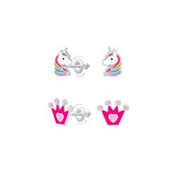 Wholesale Silver Unicorn and Crown Screw Back Earrings Set