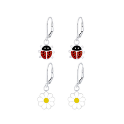 Wholesale Silver Ladybug and Flower Lever Back Earrings Set