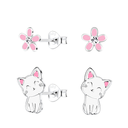 Wholesale Silver Cat and Flower Stud Earrings Set