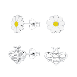 Wholesale Silver Flower and Bee Stud Earrings Set