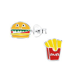 Wholesale Silver Burger and French Fries Stud Earrings