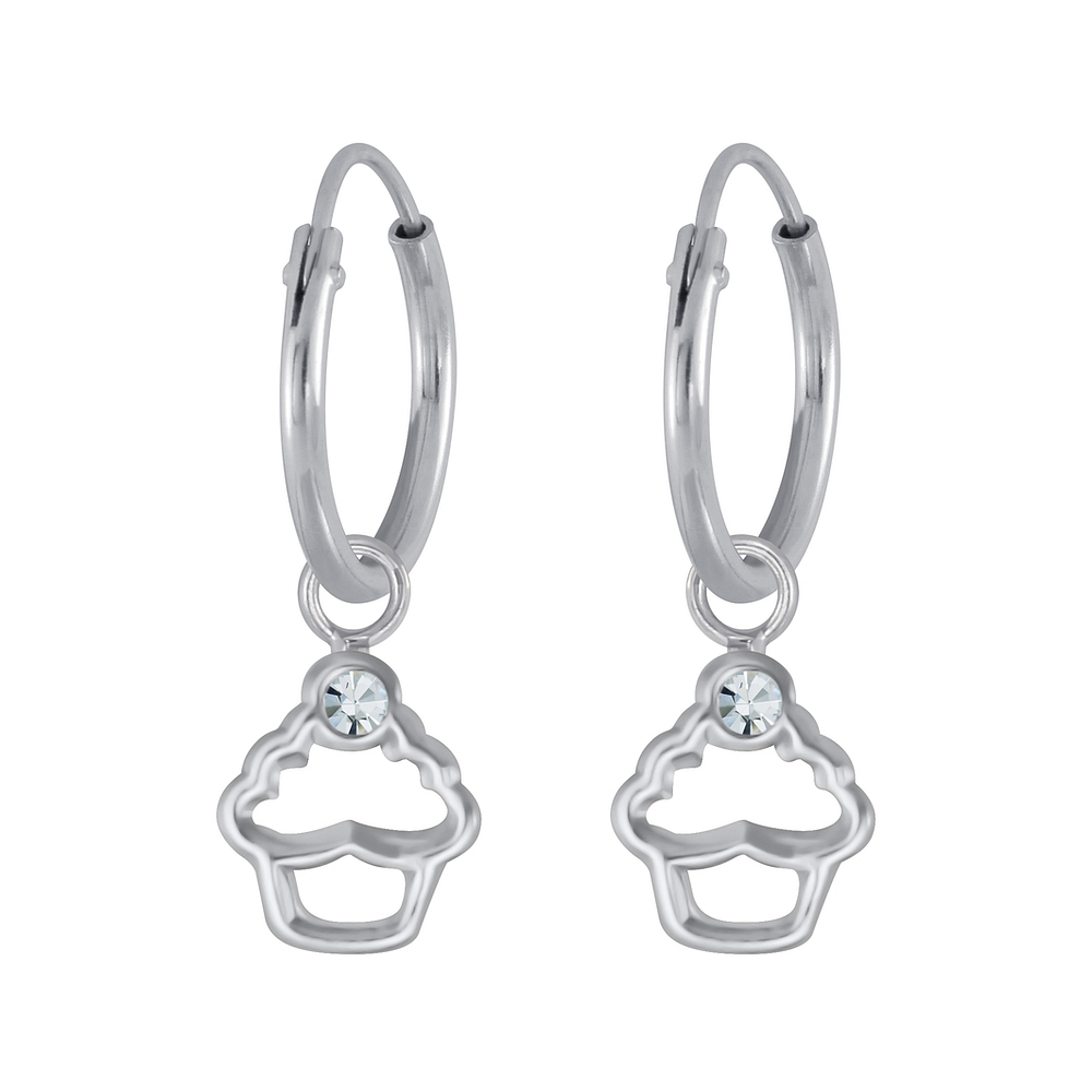 Silver Cupcake Crystal Charm Hoop Earrings - 3137