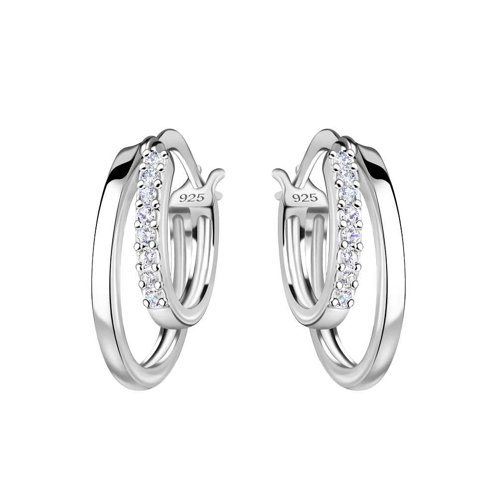 Silver Double Line French Lock Hoop Earrings - 21185