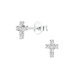 Silver Cross Cubic Zirconia Stud Earrings - 1285