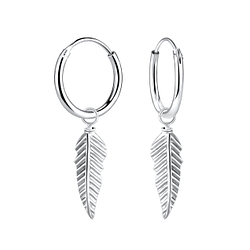 Silver Feather Charm Hoop Earrings - 6973