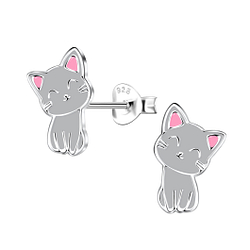 Silver Cat Stud Earrings - 2000